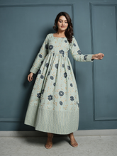 Pastel Green Block Print Cotton Linen Dress